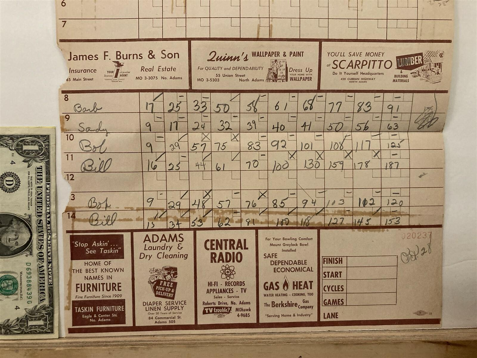 Historic handwritten bowling score sheet